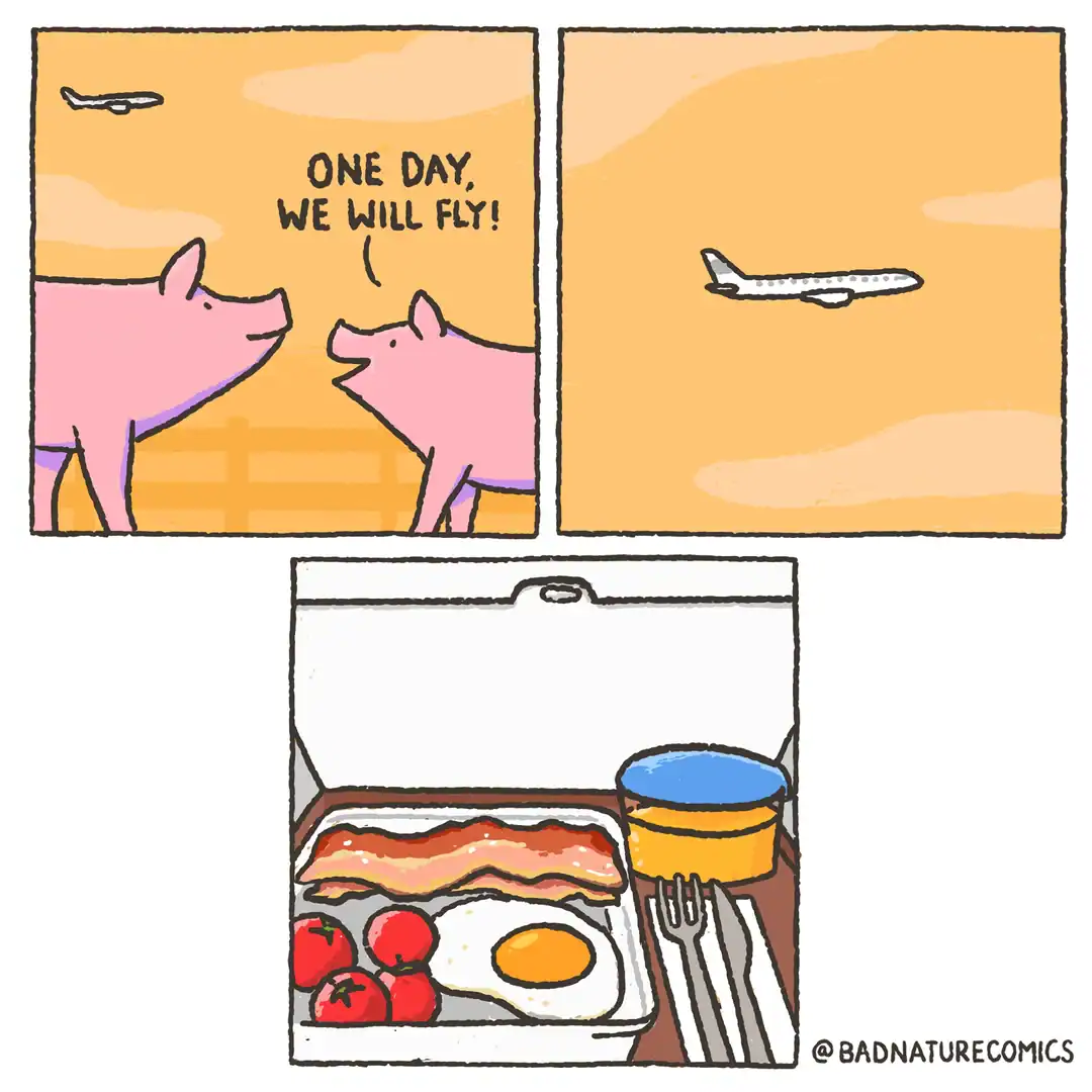 A darkly funny online web comic by @badnaturecomics. Two pigs look at a plane in the sky and dream, "One day, we will fly!" The final panel reveals their dream has come true in the most macabre way: as a serving of bacon and eggs in a tiny airline breakfast box.