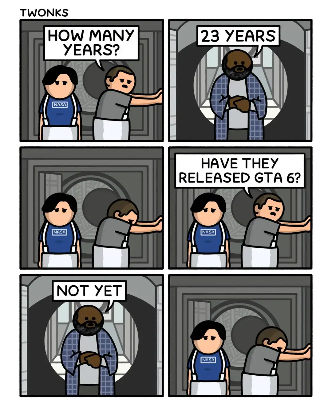 A six-panel funny online web comic from "TWONKS" parodying the movie Interstellar. After 23 years pass in a time-distorted wormhole, a NASA employee’s first question to the returner isn't about science, but a desperate, "Have they released GTA 6?" only to be told "Not yet."
