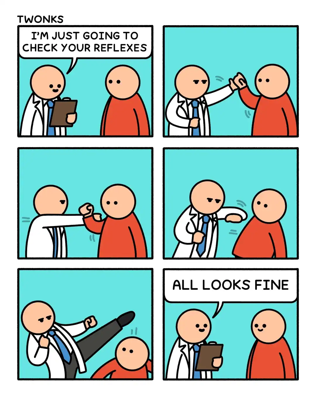 six-panel funny online web comic by "TWONKS" subverting a medical checkup. A doctor tells a patient he is checking his reflexes, then proceeds to high-five, fist-bump, and elbow-bump him before performing a high-kick over his head. The doctor concludes, "All looks fine," treating social gestures as medical tests.