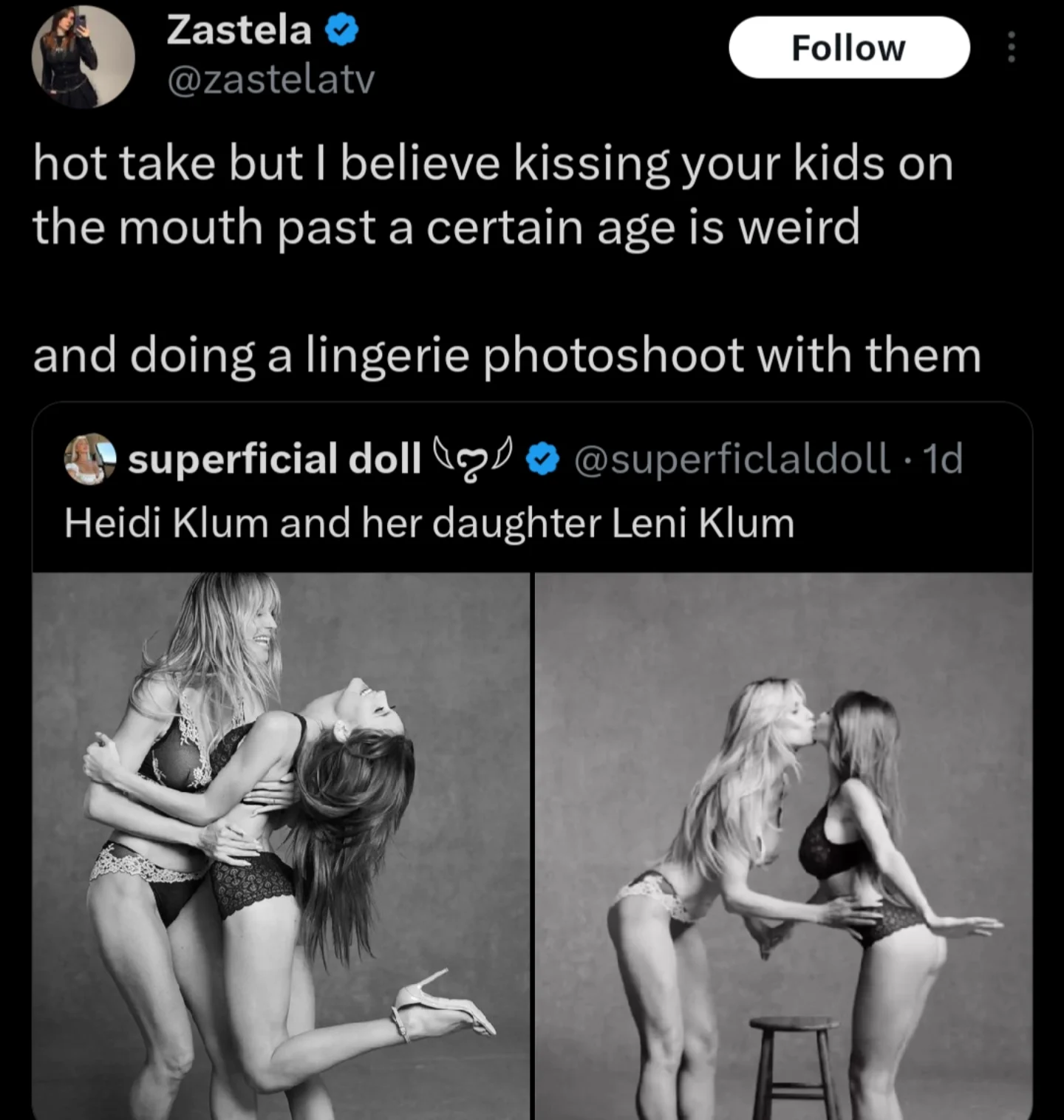 Social media commentary on a controversial lingerie photoshoot featuring Heidi Klum and her daughter Leni.