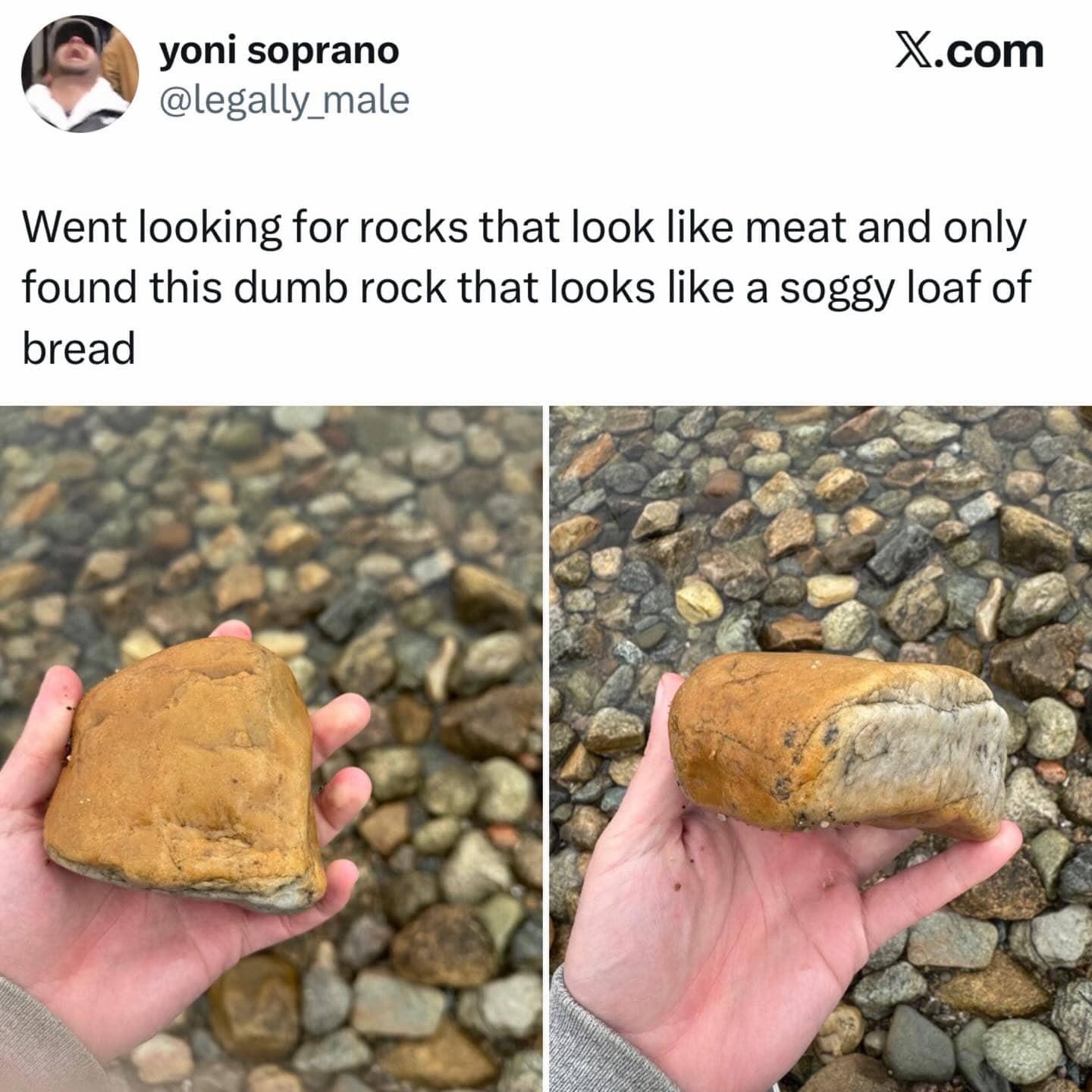 Hand holding a tan river rock that bears a striking resemblance to a loaf of bread.
