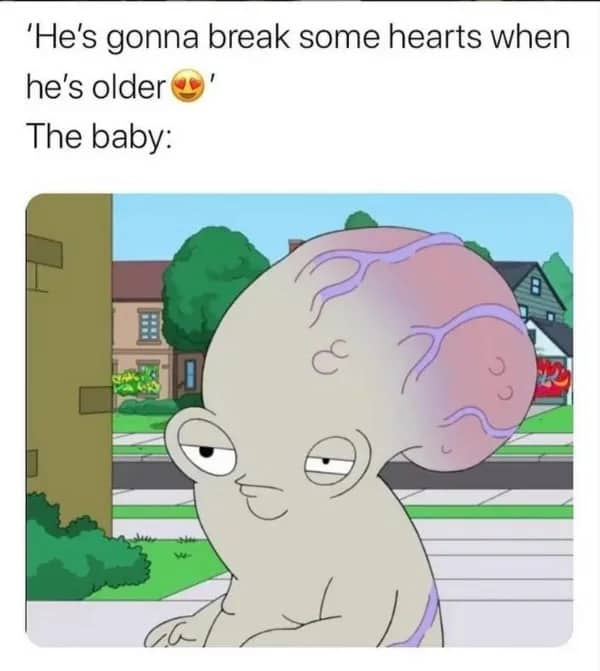 American Dad character Roger depicted as a baby with a massive purple veined bulging head.