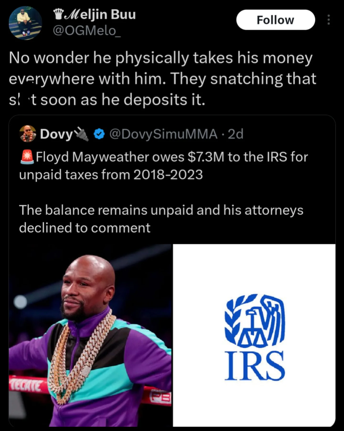 Social media post discussing Floyd Mayweather's IRS tax debt alongside a photo of the boxer.