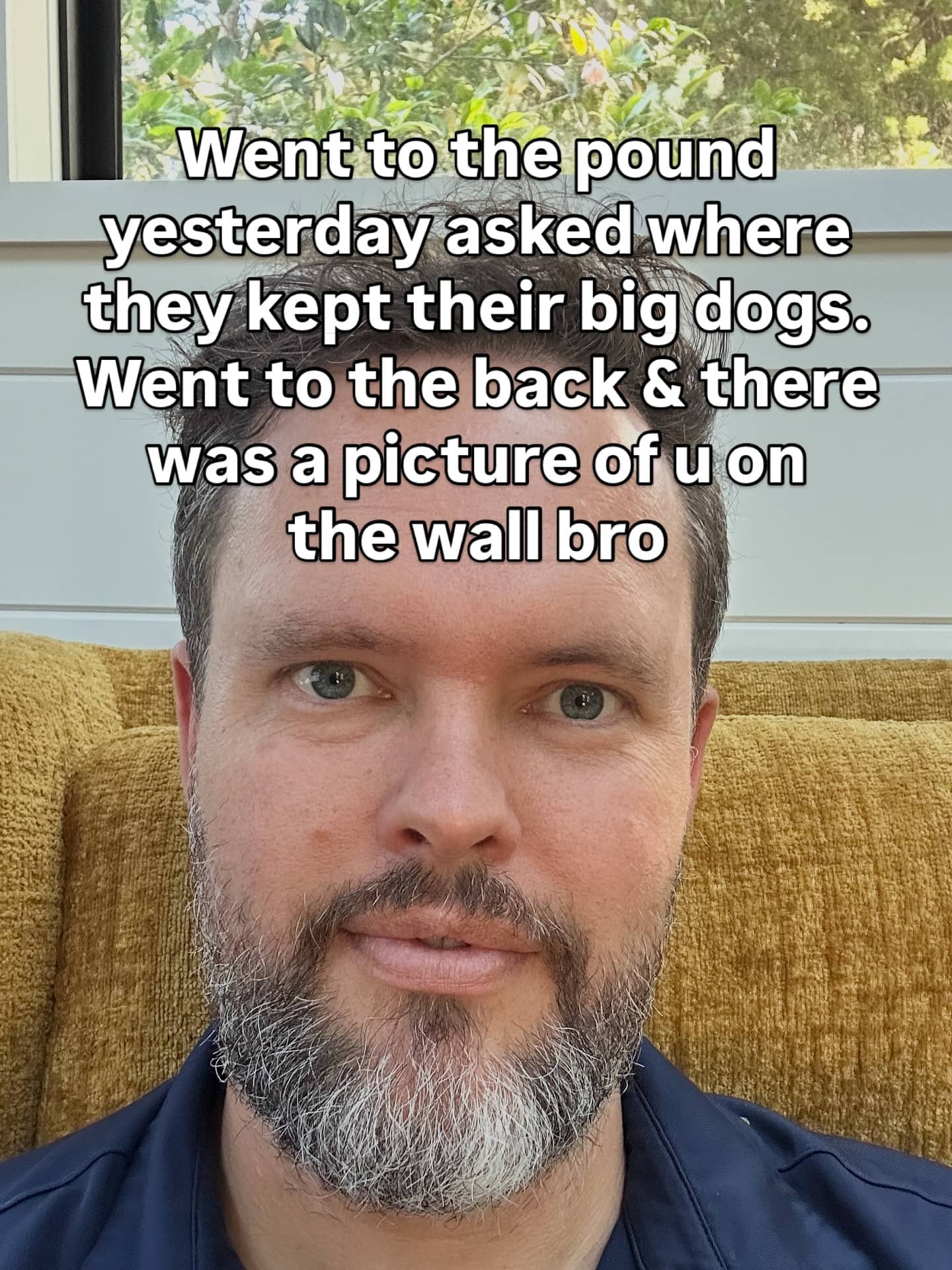 Close-up of man with gray beard featuring text about seeing a friend at the pound.
