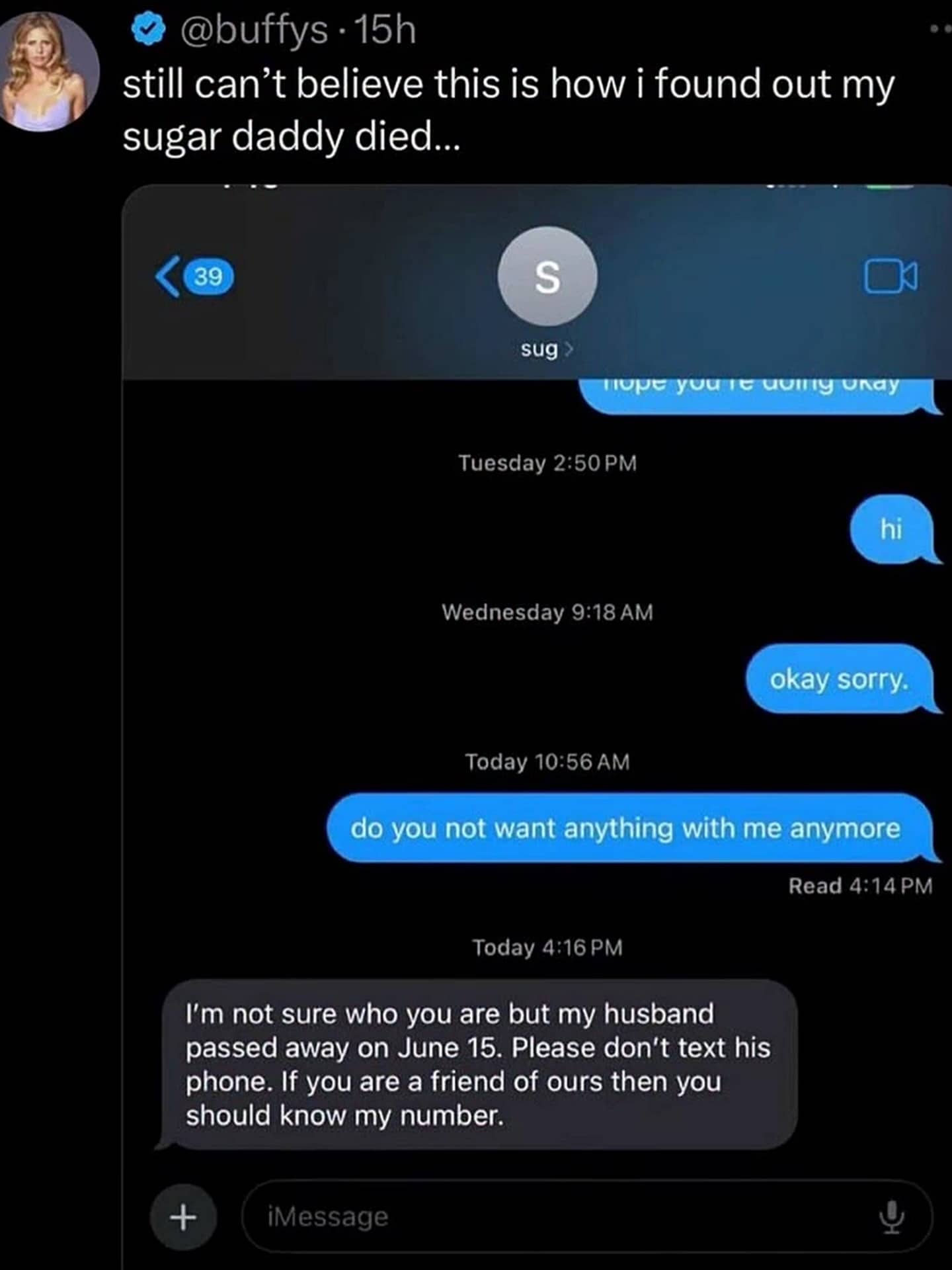Funny text message screenshot about finding out a sugar daddy passed away from his wife.