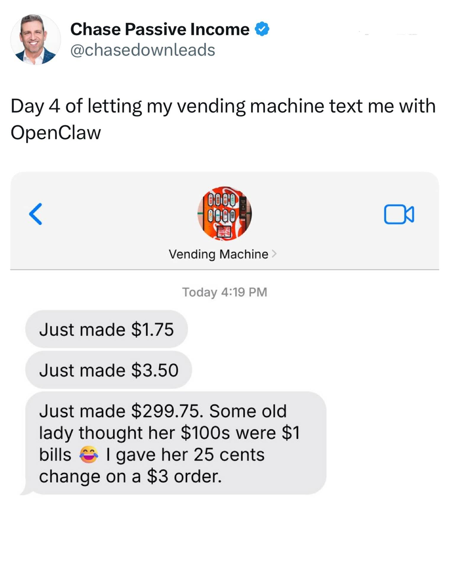 X post about a vending machine texting its owner that it scammed an old lady.