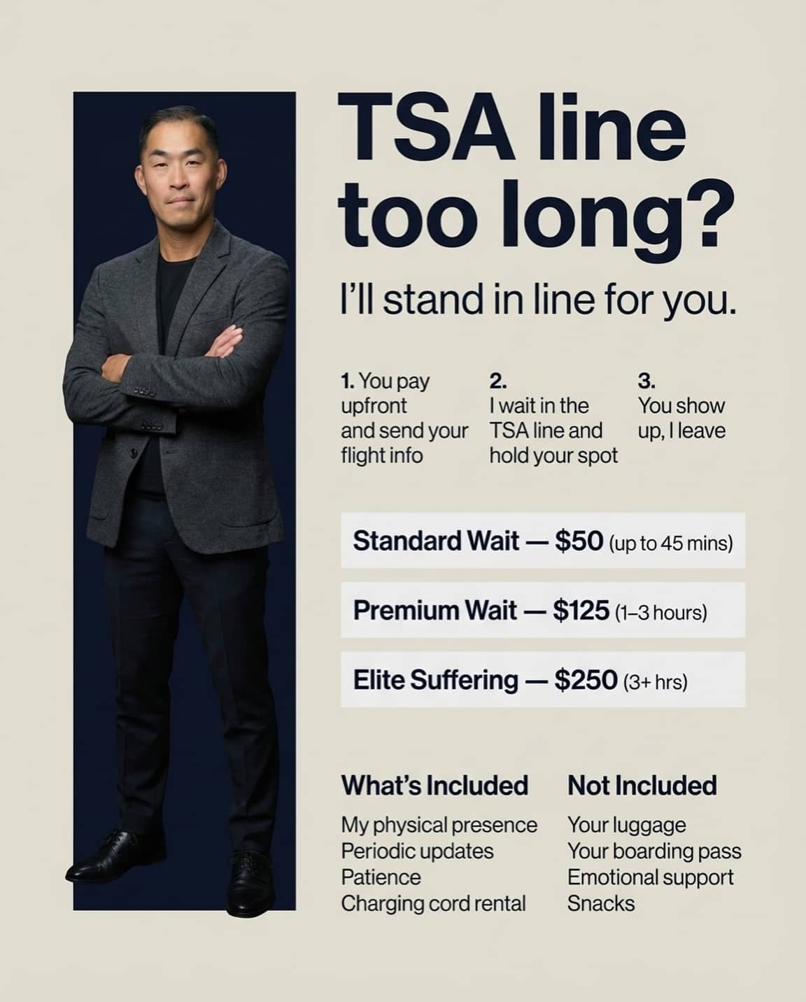Mock advertisement for a professional line stander service offering tiered pricing for TSA airport lines.
