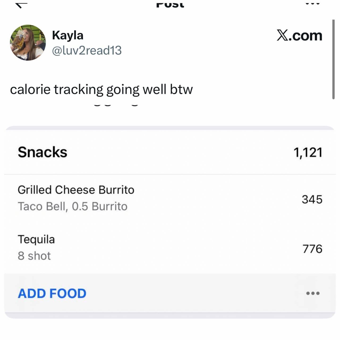 Screenshot of a calorie tracking app showing a humorous dinner of half a burrito and tequila.