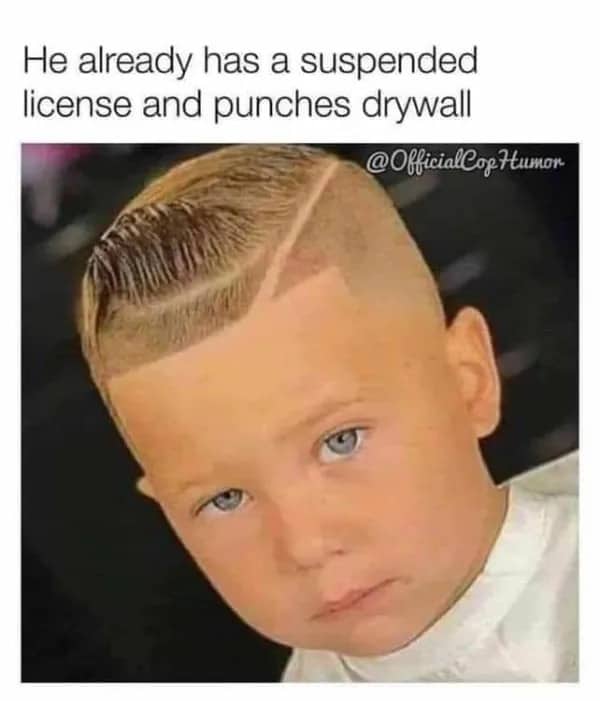 Portrait of a young boy with a sharp side part haircut and a humorous caption.