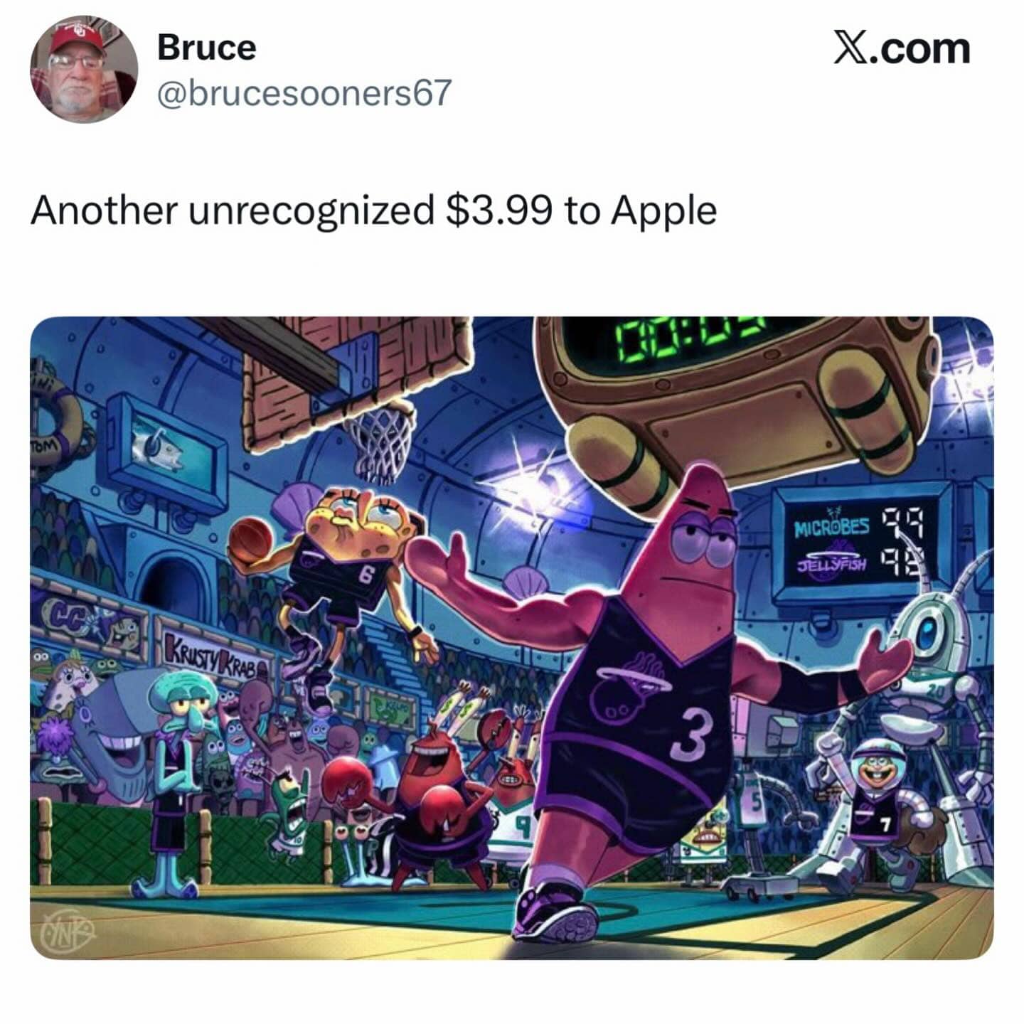 Spongebob Squarepants basketball fan art paired with a tweet about unrecognized small Apple account charges.