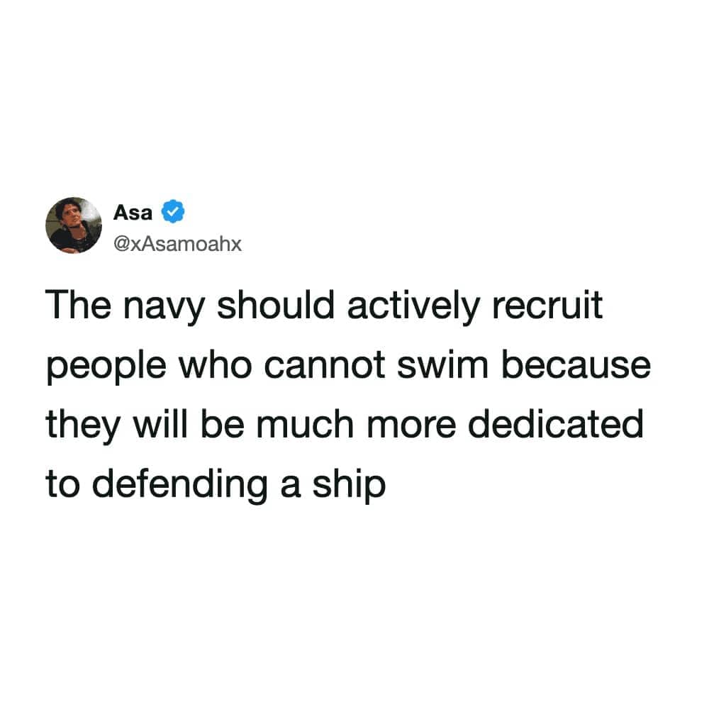 Text post suggesting the Navy recruit non-swimmers to ensure they are dedicated to the ship.