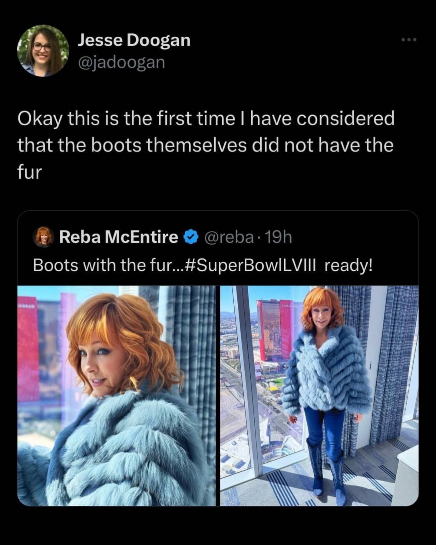 Reba McEntire in a blue fur coat with a viral tweet reference to Low by Flo Rida.