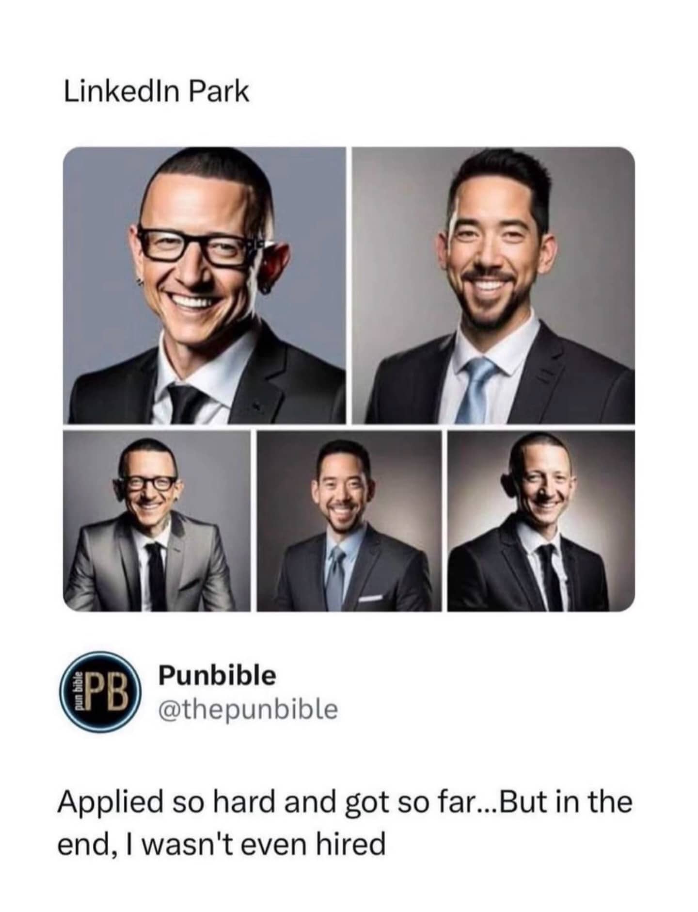 LinkedIn Park meme featuring Linkin Park members in professional suits with job hunting lyric puns.