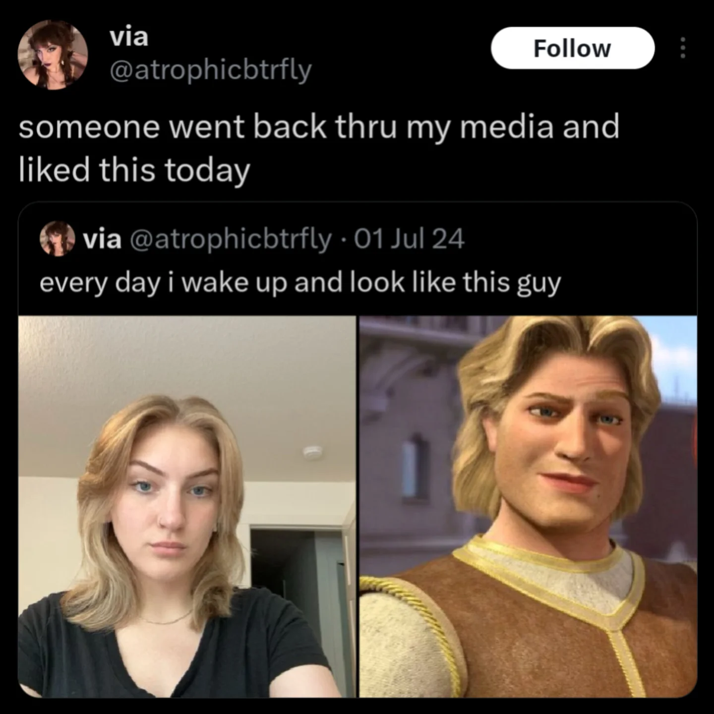 Side-by-side comparison of a woman and Prince Charming from Shrek looking remarkably similar.