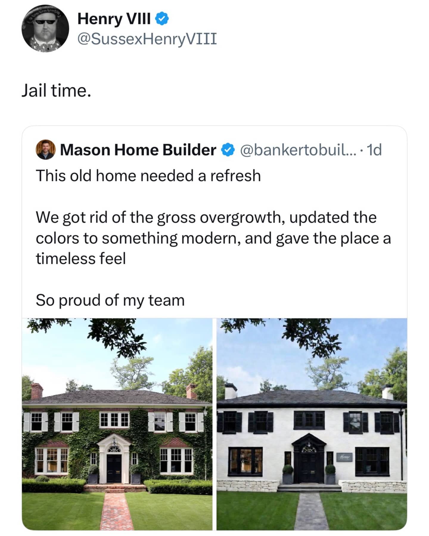Home renovation comparison showing a classic ivy-covered house converted into a modern black and white style.