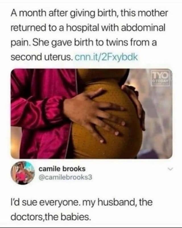 News headline about a mother giving birth to twins from a second uterus with a funny comment.