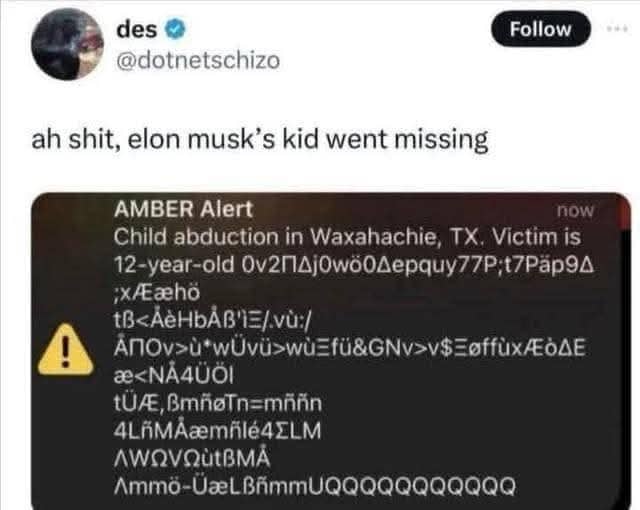 Twitter screenshot joke about Elon Musk's kid missing showing an Amber Alert with glitchy text name.