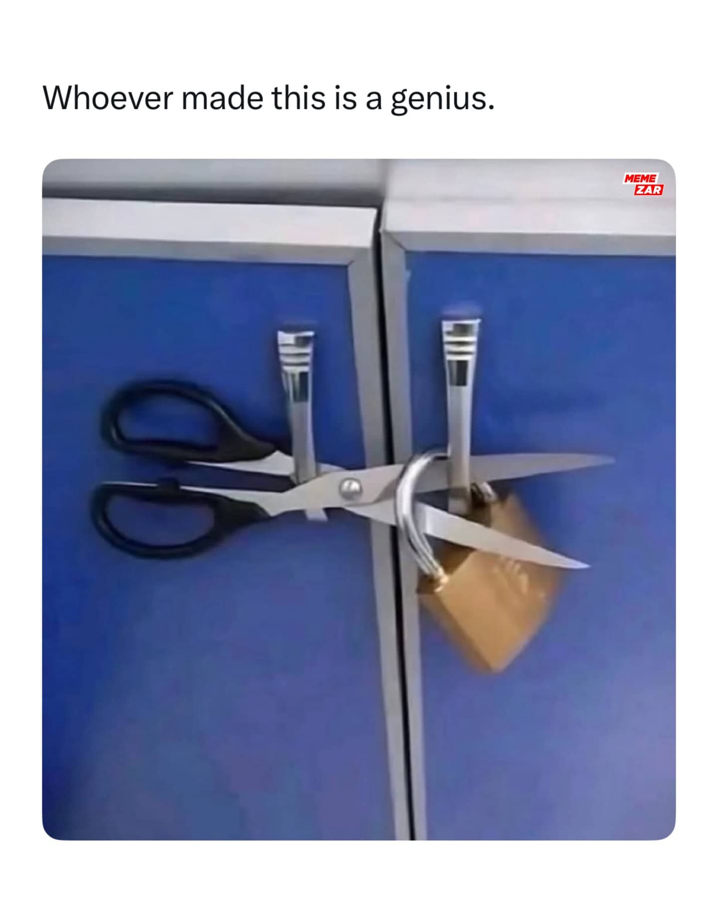 Creative meme showing scissors and a padlock used as a DIY cabinet door security lock.