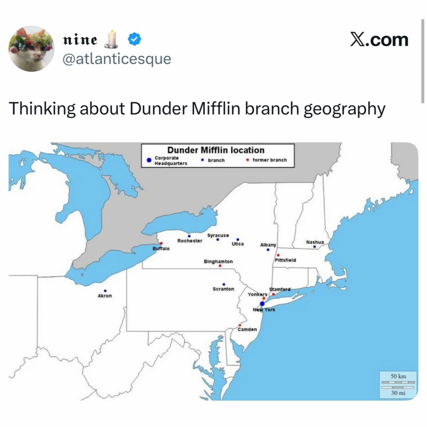 Map of the Northeast United States showing Dunder Mifflin paper company branch office locations.