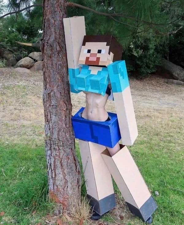 Person wearing a creative and revealing Minecraft Steve cardboard costume standing next to a tree.