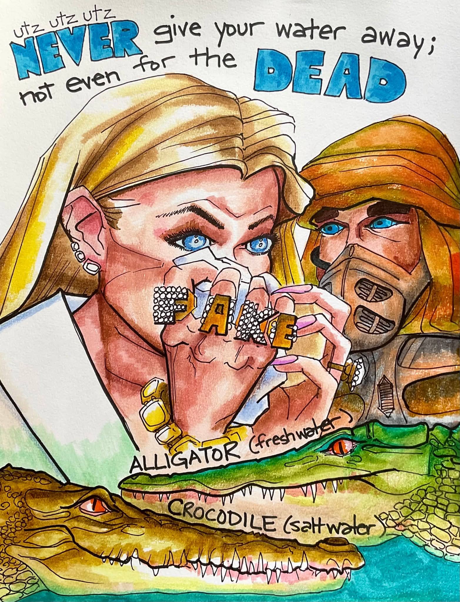Fan art of Dune characters and crocodiles with text about never giving away water for the dead.