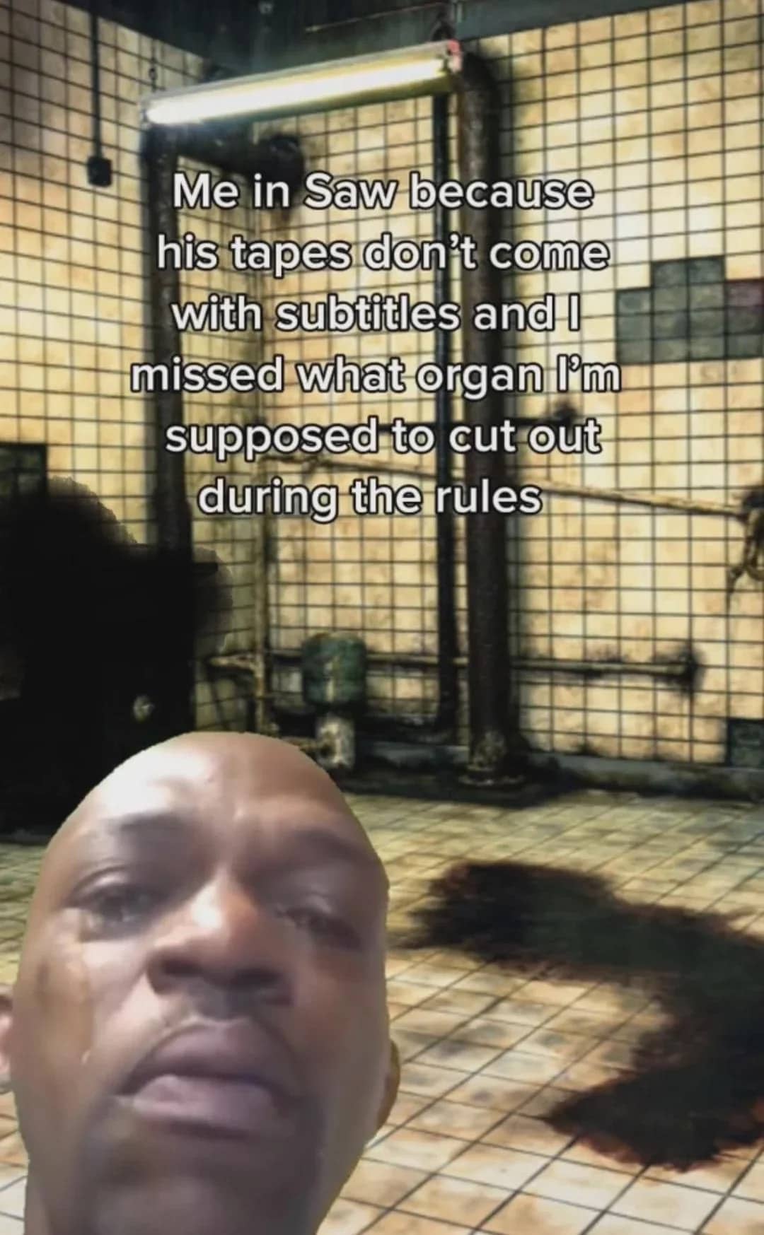 Crying man meme overlaid on a Saw movie bathroom set with text about missing instructions.