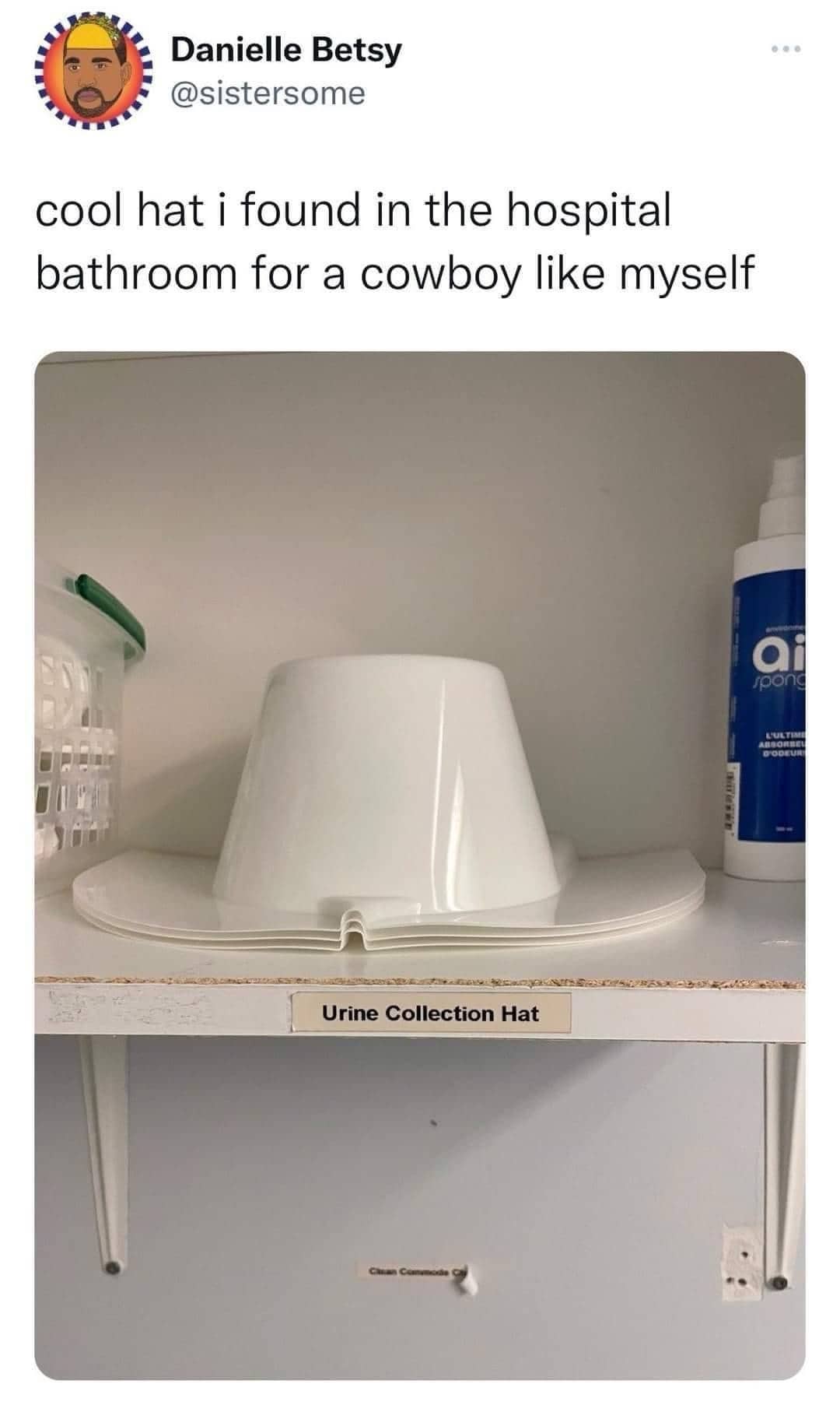 Humorous photo of a medical urine collection container that looks like a white cowboy hat.