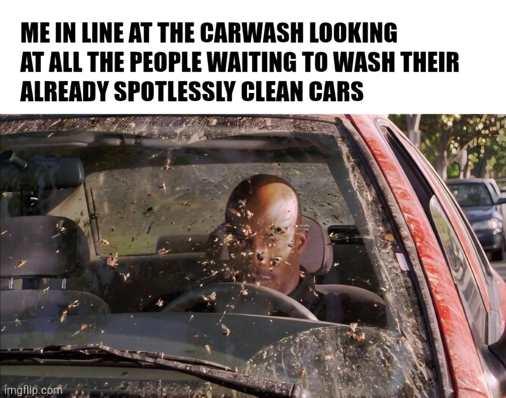 Meme featuring Jamie Foxx in a filthy car looking at people washing already clean vehicles.