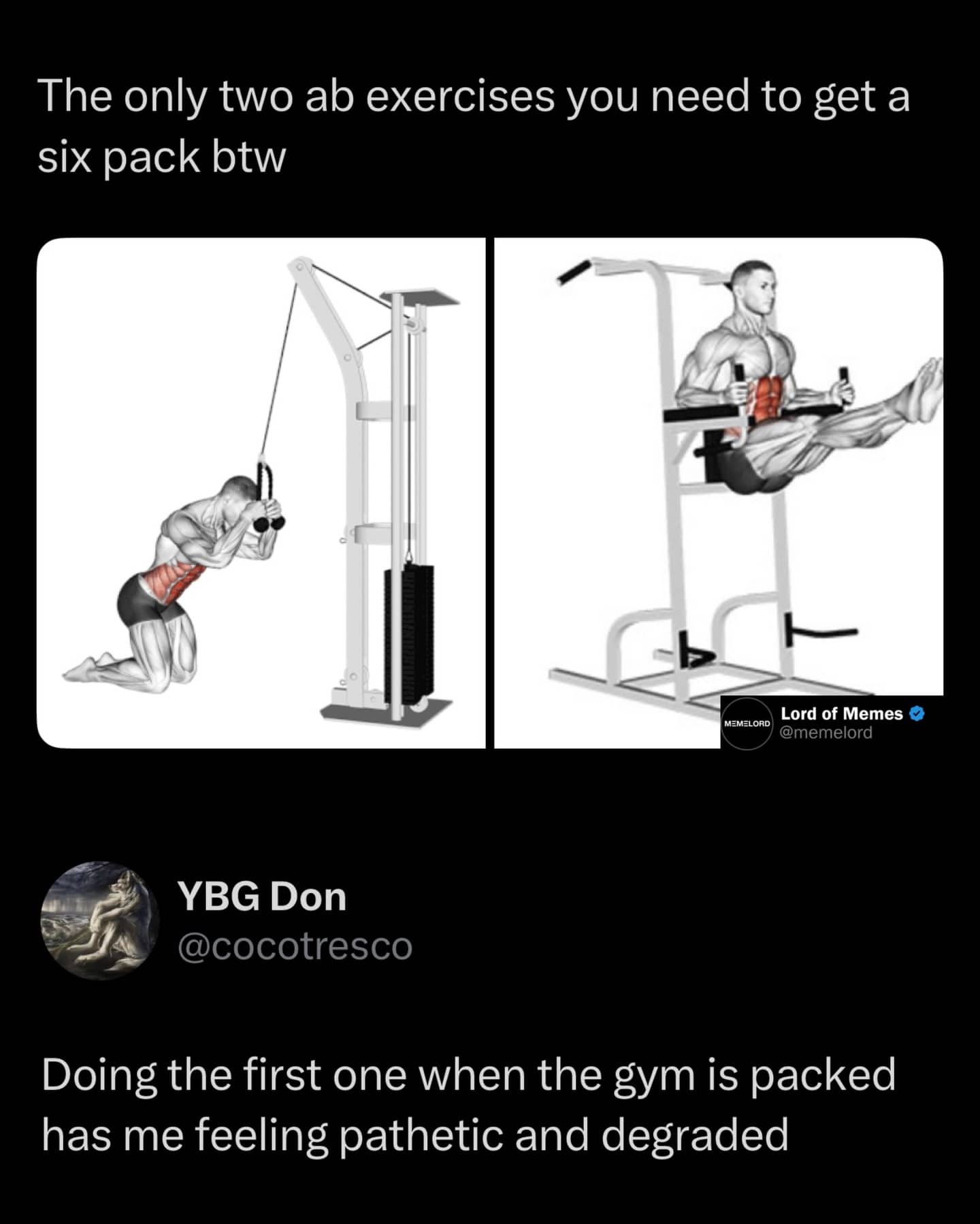 Gym meme showing core exercises with a humorous comment about feeling degraded during cable crunches.