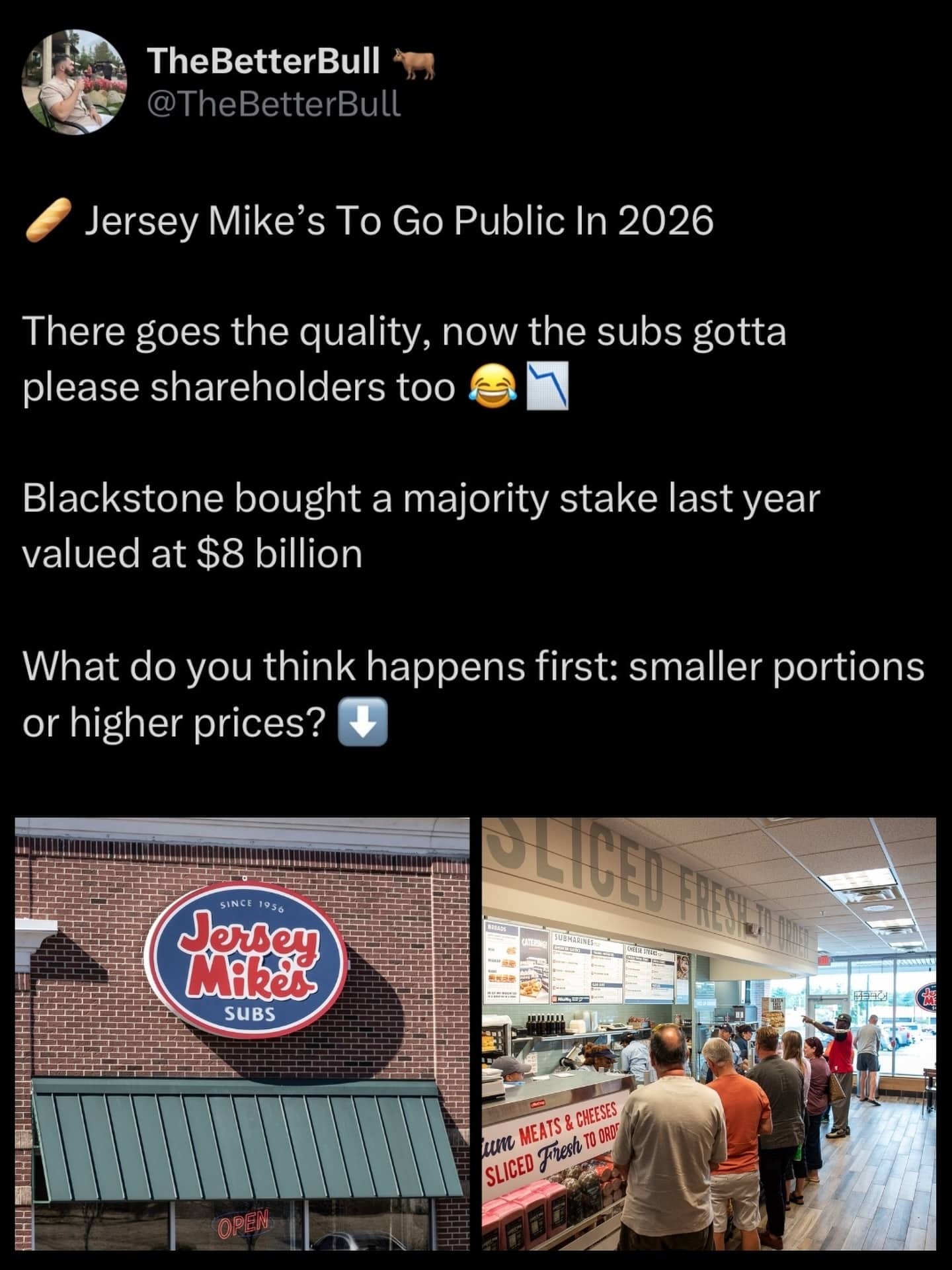 Social media post discussing Jersey Mikes going public and potential quality drops for sub sandwiches.