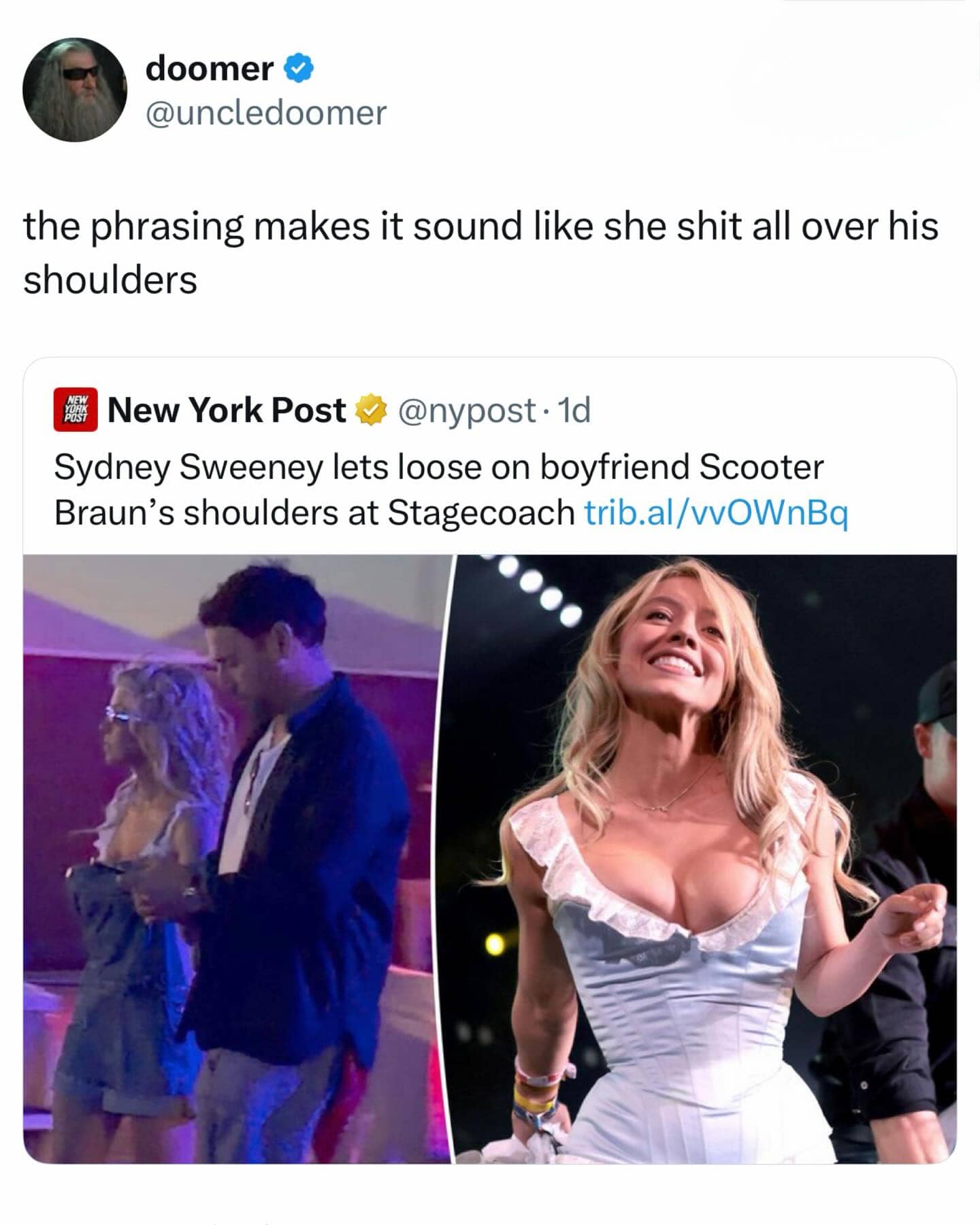 Humorous social media reaction to a poorly phrased New York Post headline about Sydney Sweeney.