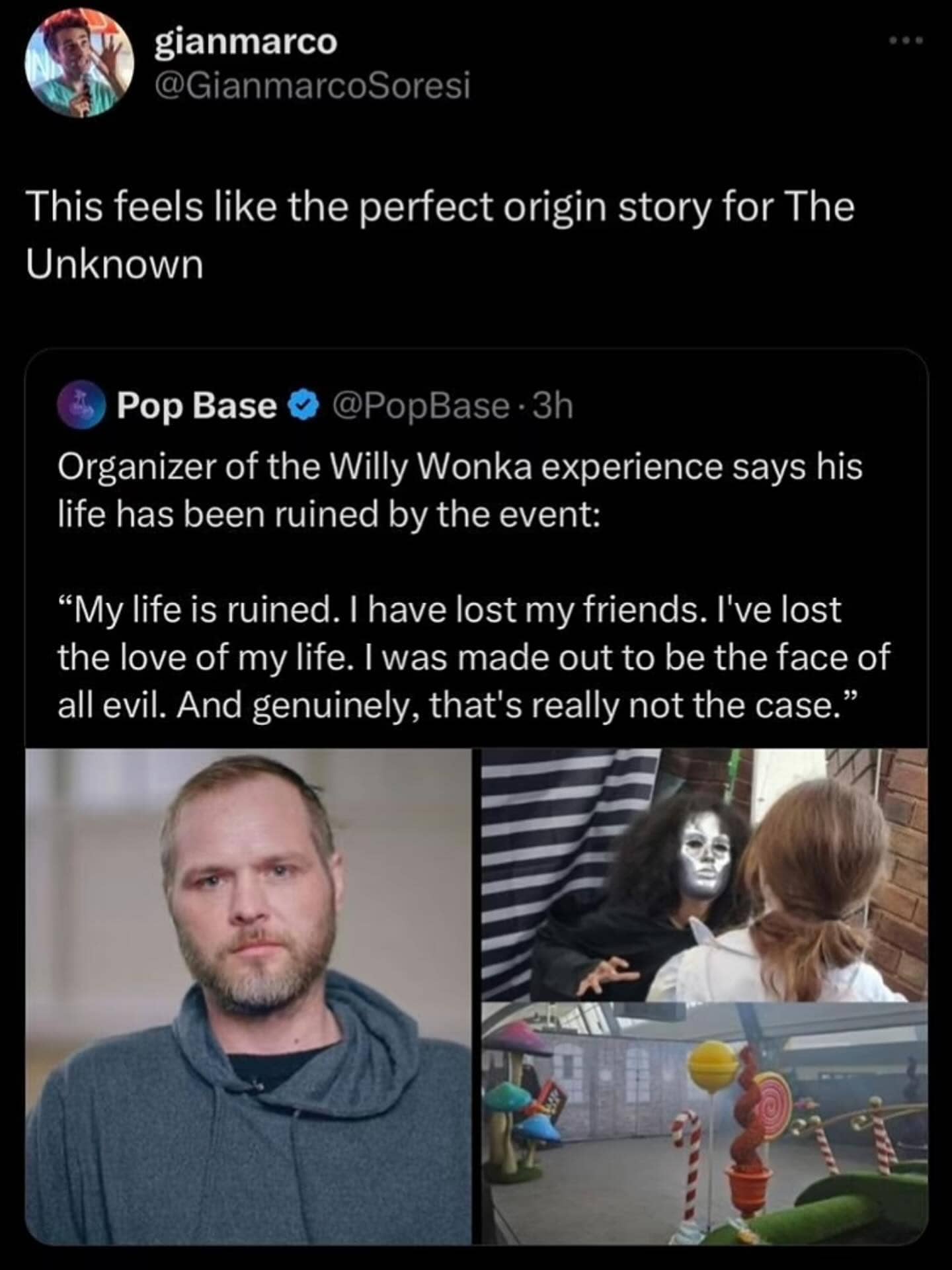 Social media post discussing the failed Willy Wonka Experience event and character The Unknown.