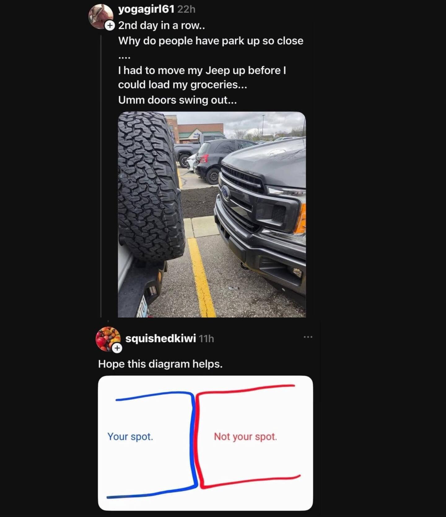 Jeep owner complaining about close parking with a sarcastic diagram showing designated parking spot boundaries.