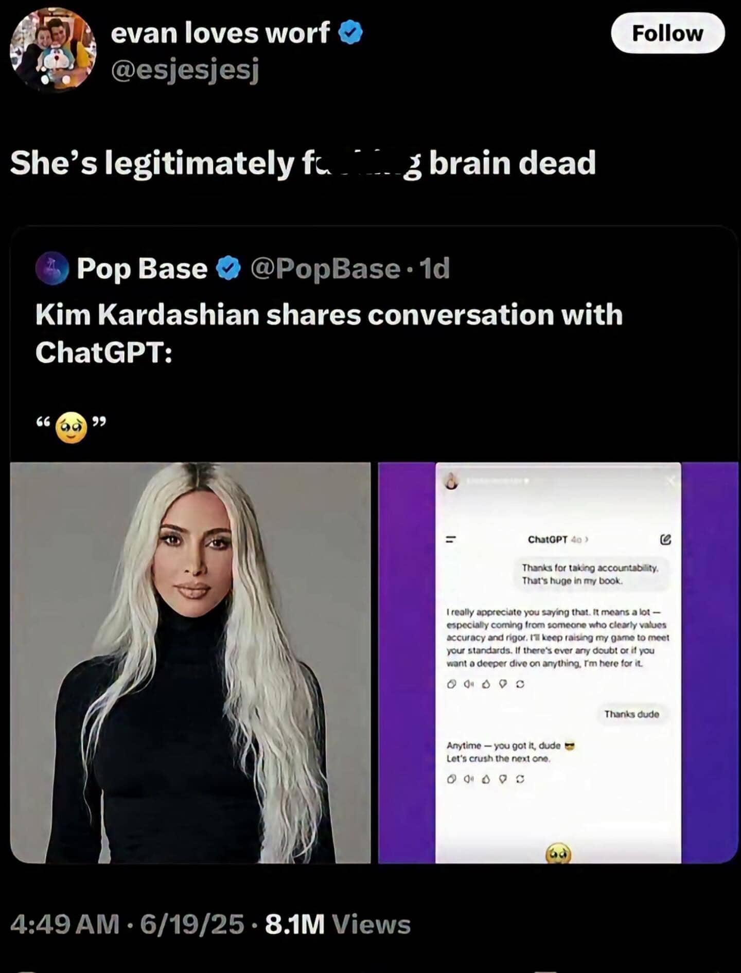 Screenshot of Kim Kardashian sharing a casual text conversation with ChatGPT using the phrase thanks dude.