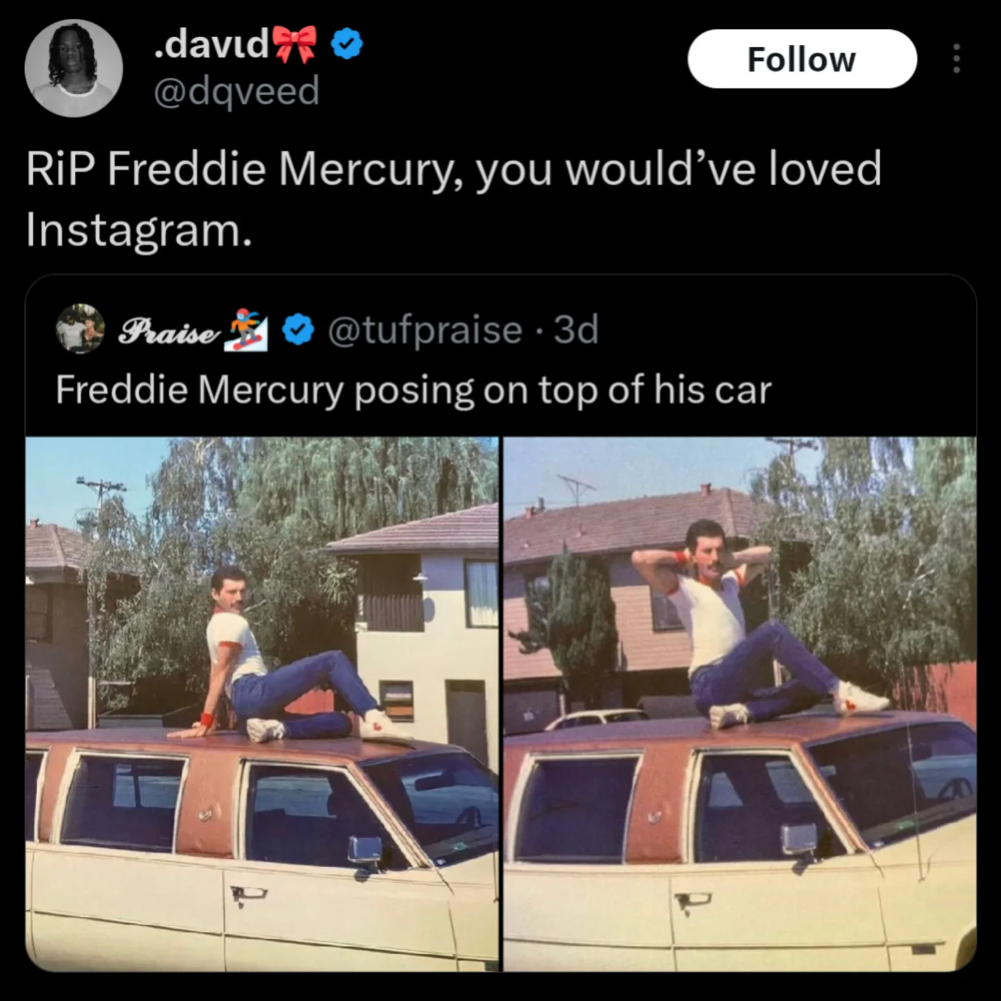 Twitter post with photos of Freddie Mercury posing on top of a limousine in a residential neighborhood.