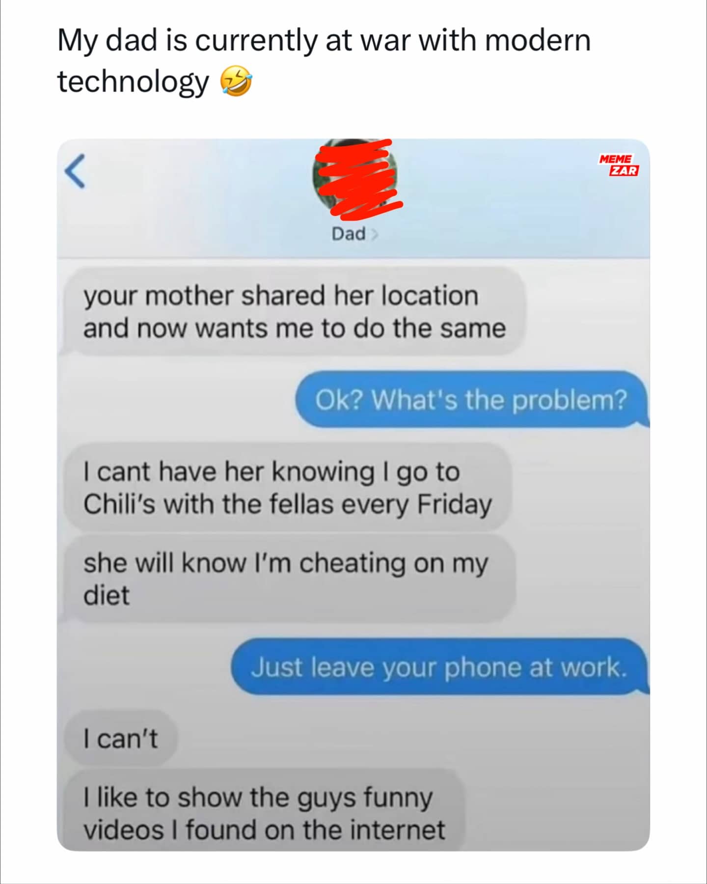 Funny text conversation between father and child about hiding a Chili's visit to cheat diet.