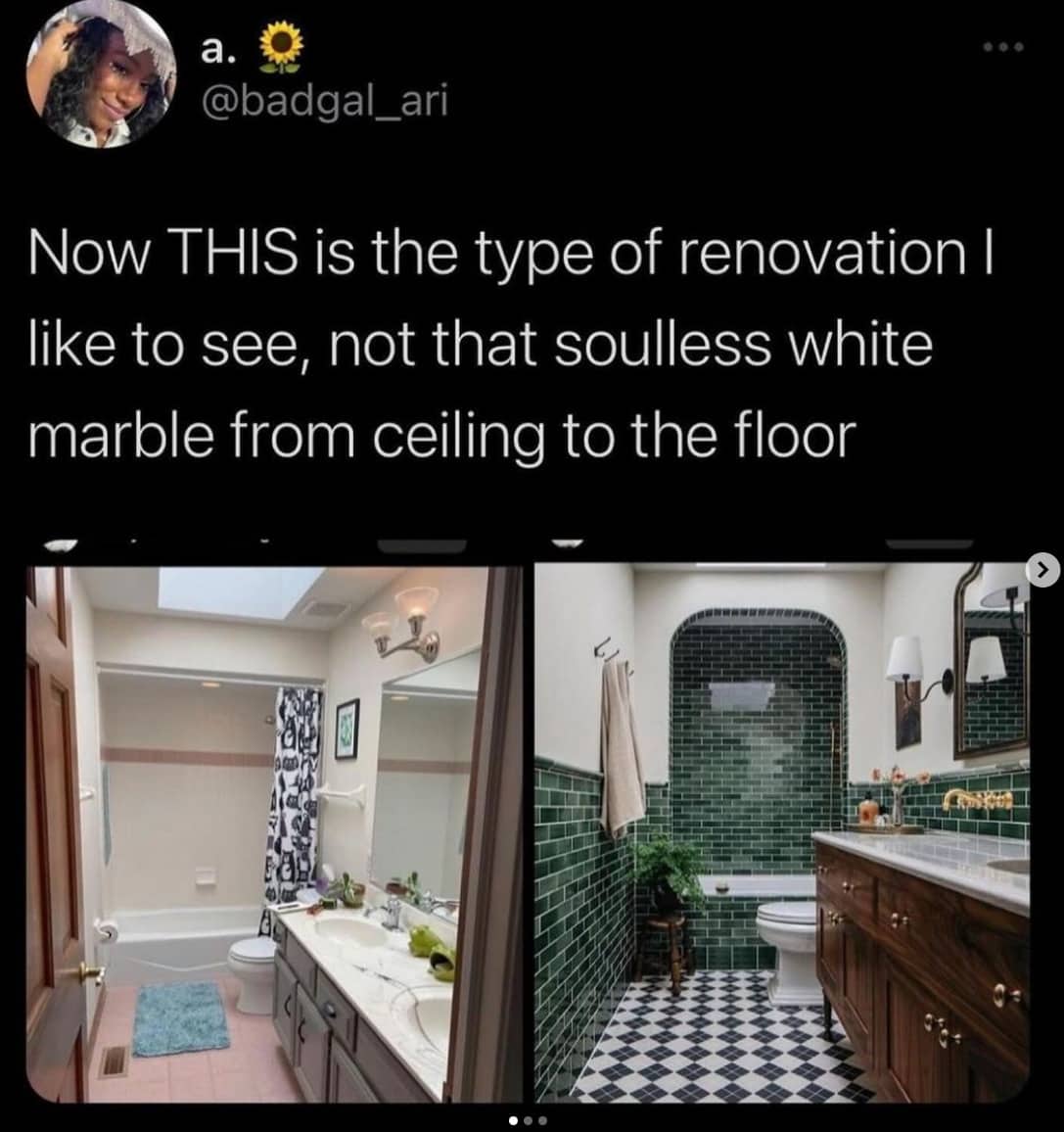 Before and after home renovation comparison of a plain bathroom transformed into dark green tiled aesthetic.