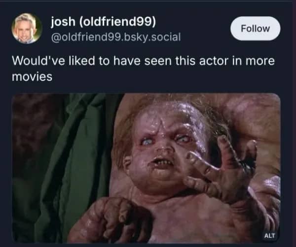 Funny social media post featuring the Kuato character from Total Recall with a movie caption.