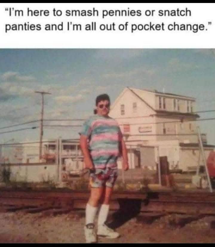 Vintage photo of a man in a colorful outfit with a humorous caption about smashing pennies.