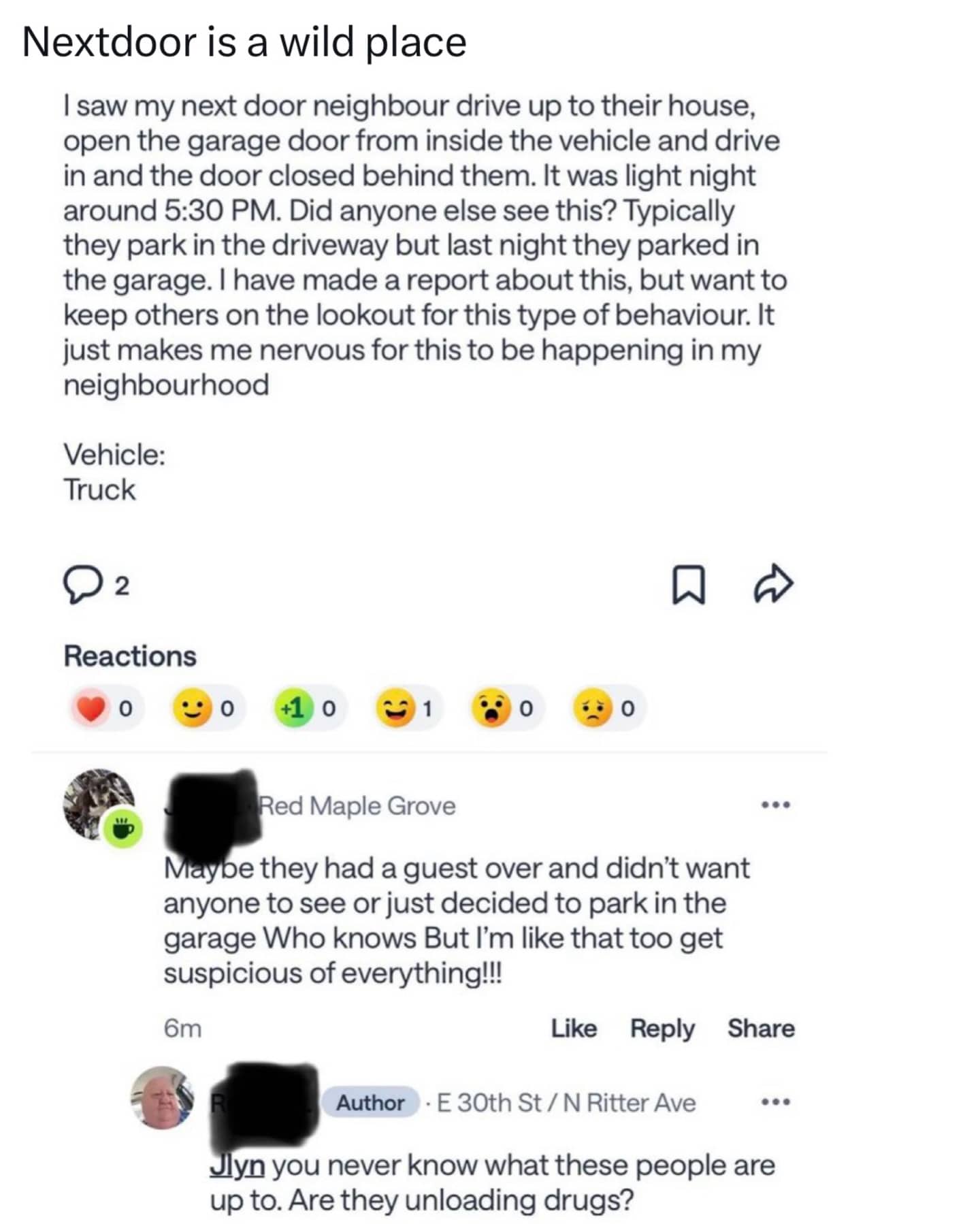 Nextdoor post screenshot of a suspicious neighbor reporting someone for parking a truck in their garage.