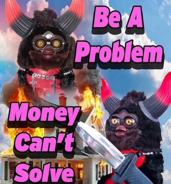 Surreal meme featuring Furby toys with horns and knives in front of a burning house.