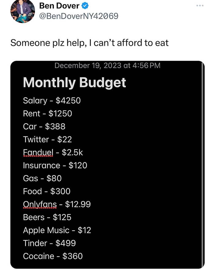 Relatable funny monthly budget list showing high spending on gambling and apps over basic food.
