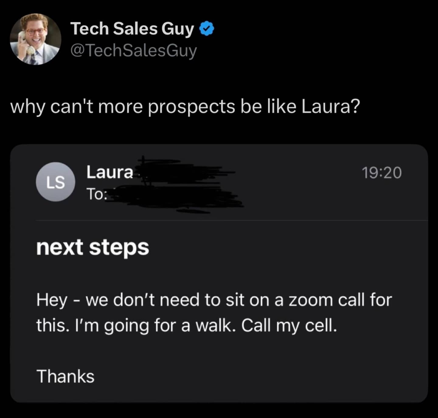 Tech sales social media post featuring an email from a prospect named Laura skipping Zoom calls.