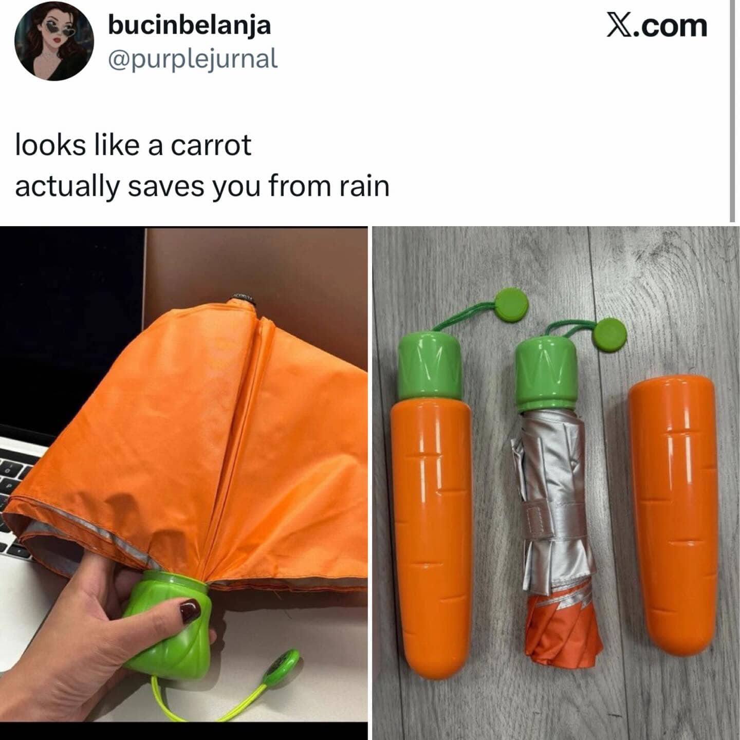 Orange umbrella designed to look like a carrot when folded inside its green handled case.