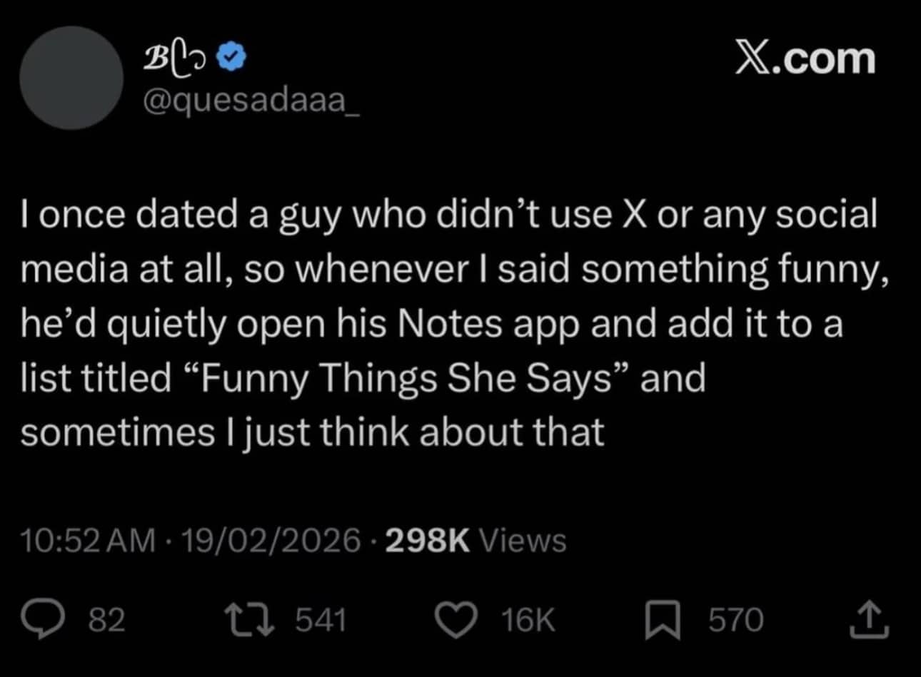 Heartwarming social media post about a boyfriend keeping a list of his girlfriend's funny quotes.