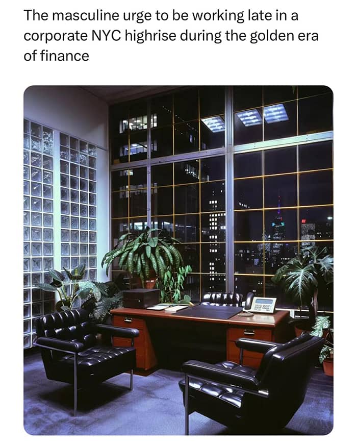 Aesthetic 1980s corporate office at night with glass blocks and a view of New York.