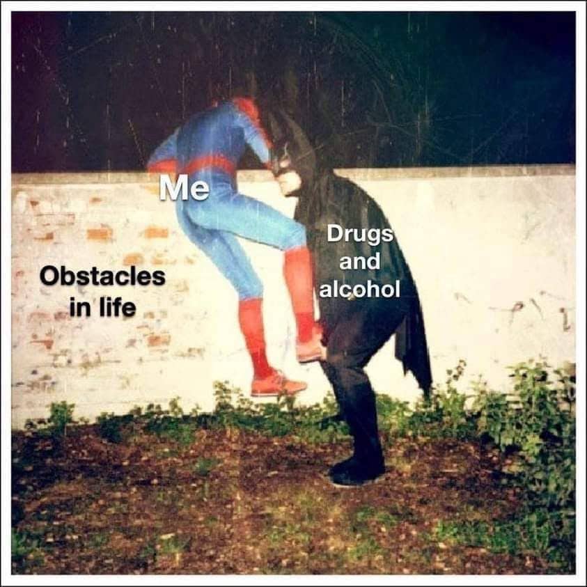 Spider-Man and Batman meme where Batman boosts Spider-Man over a wall labeled as life's obstacles.