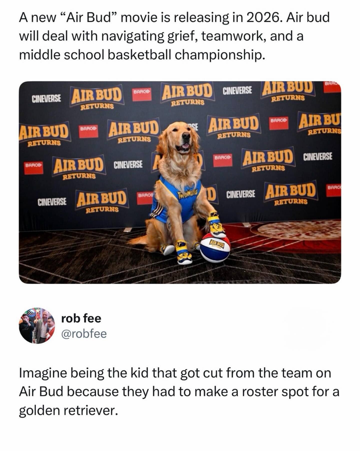 Funny meme about a new Air Bud movie and the tragedy of getting cut for a dog.