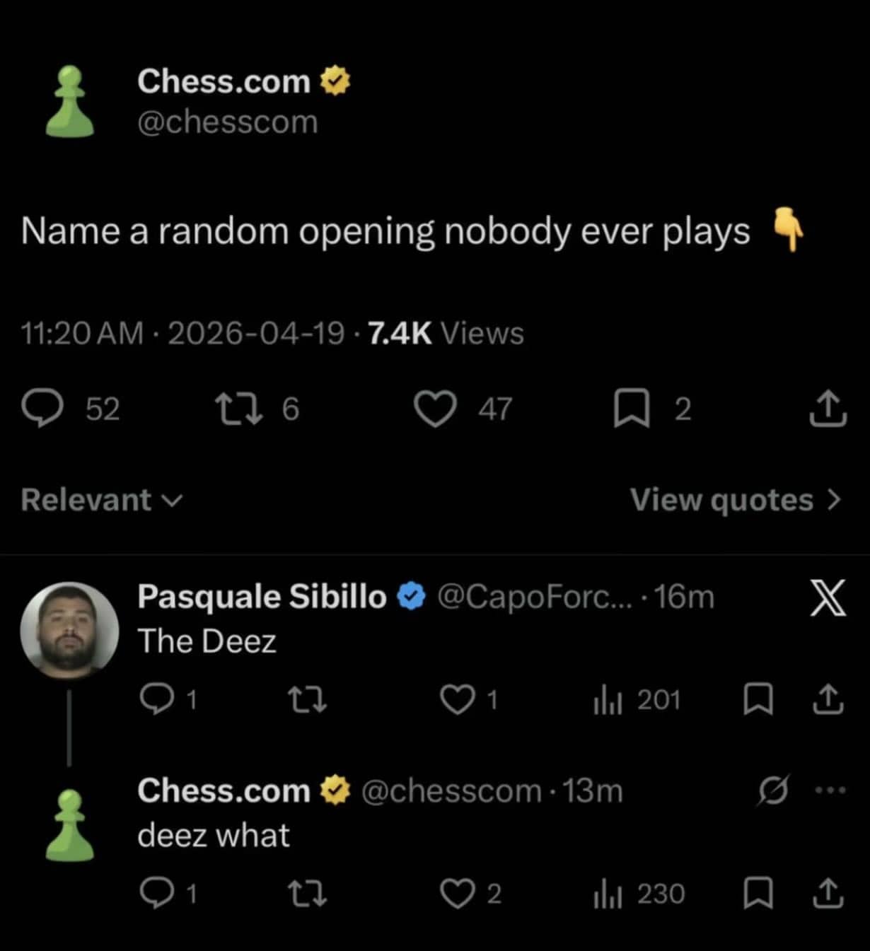 Chess.com social media interaction getting caught in a deez nuts joke by a follower.