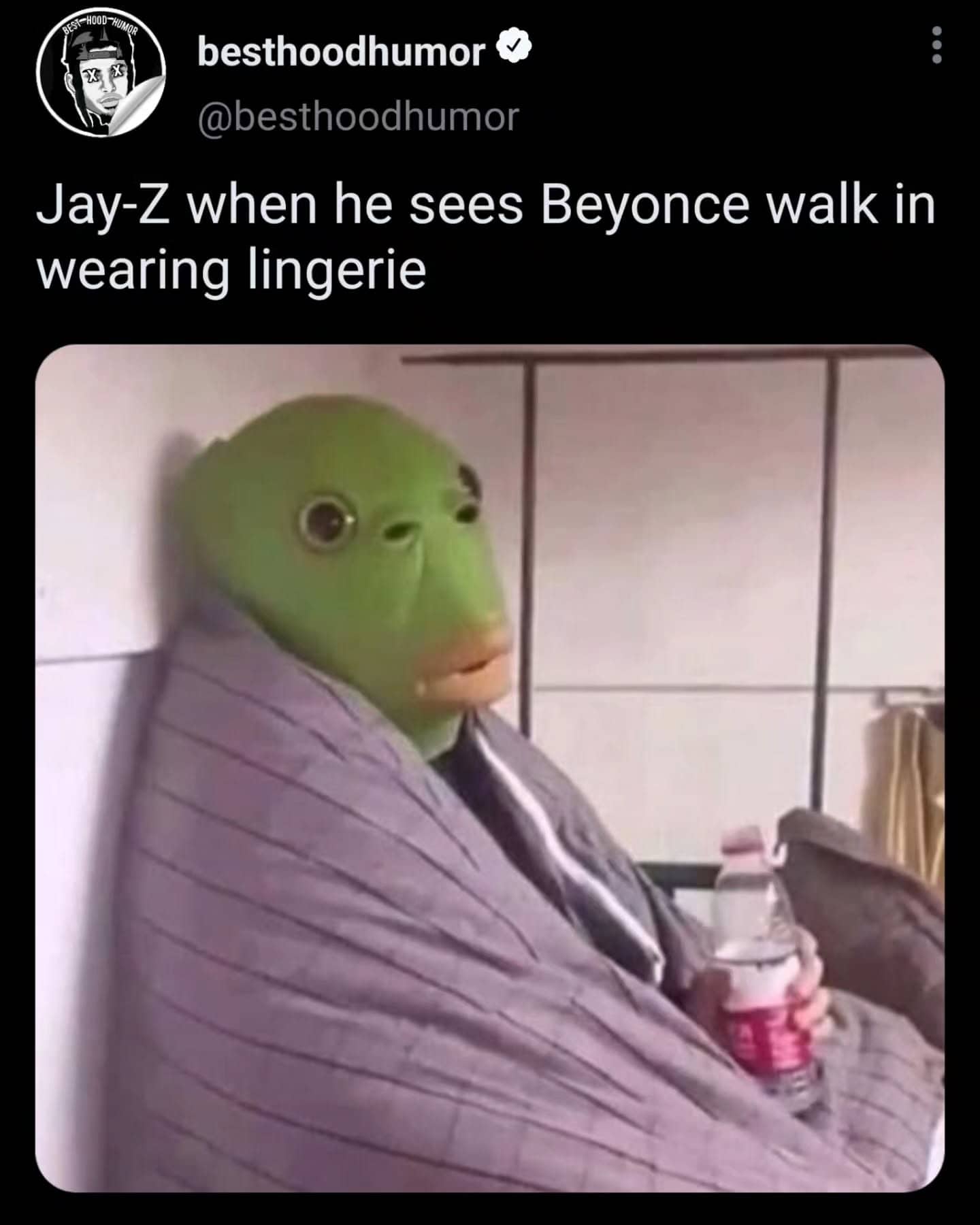 Meme featuring a person in a green mask looking surprised with text about Jay-Z and Beyonce.